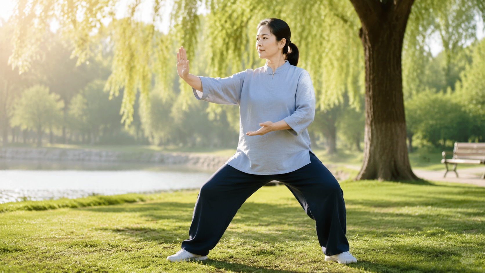 Adult practicing tai chi for gentle fitness and weight management at home