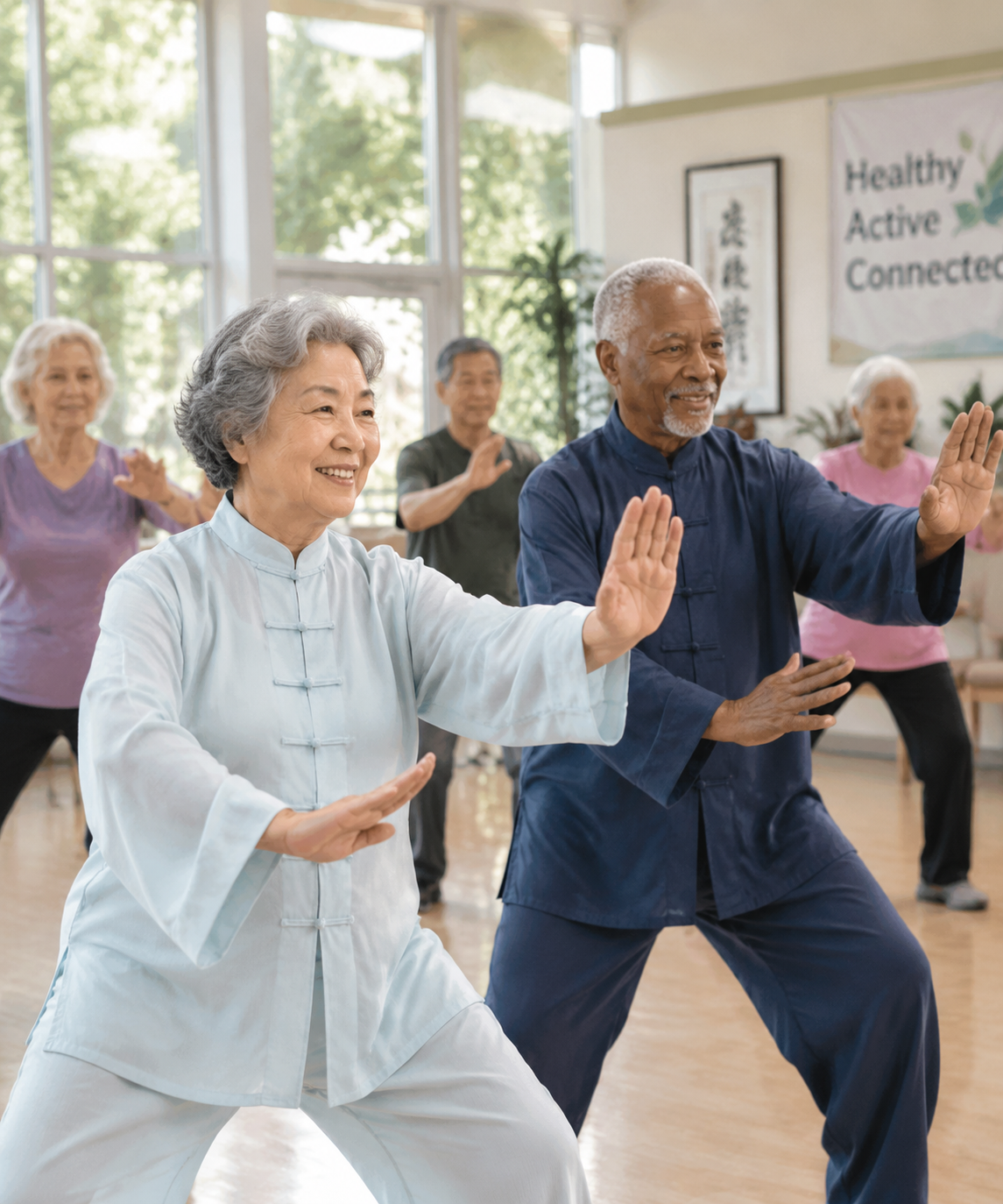 Older adults practicing gentle tai chi movements indoors