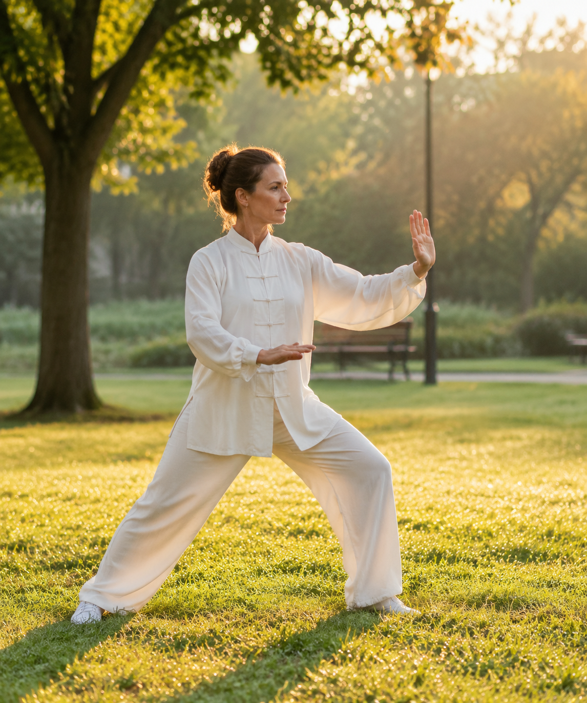 Person practicing tai chi exercises in a calm outdoor setting