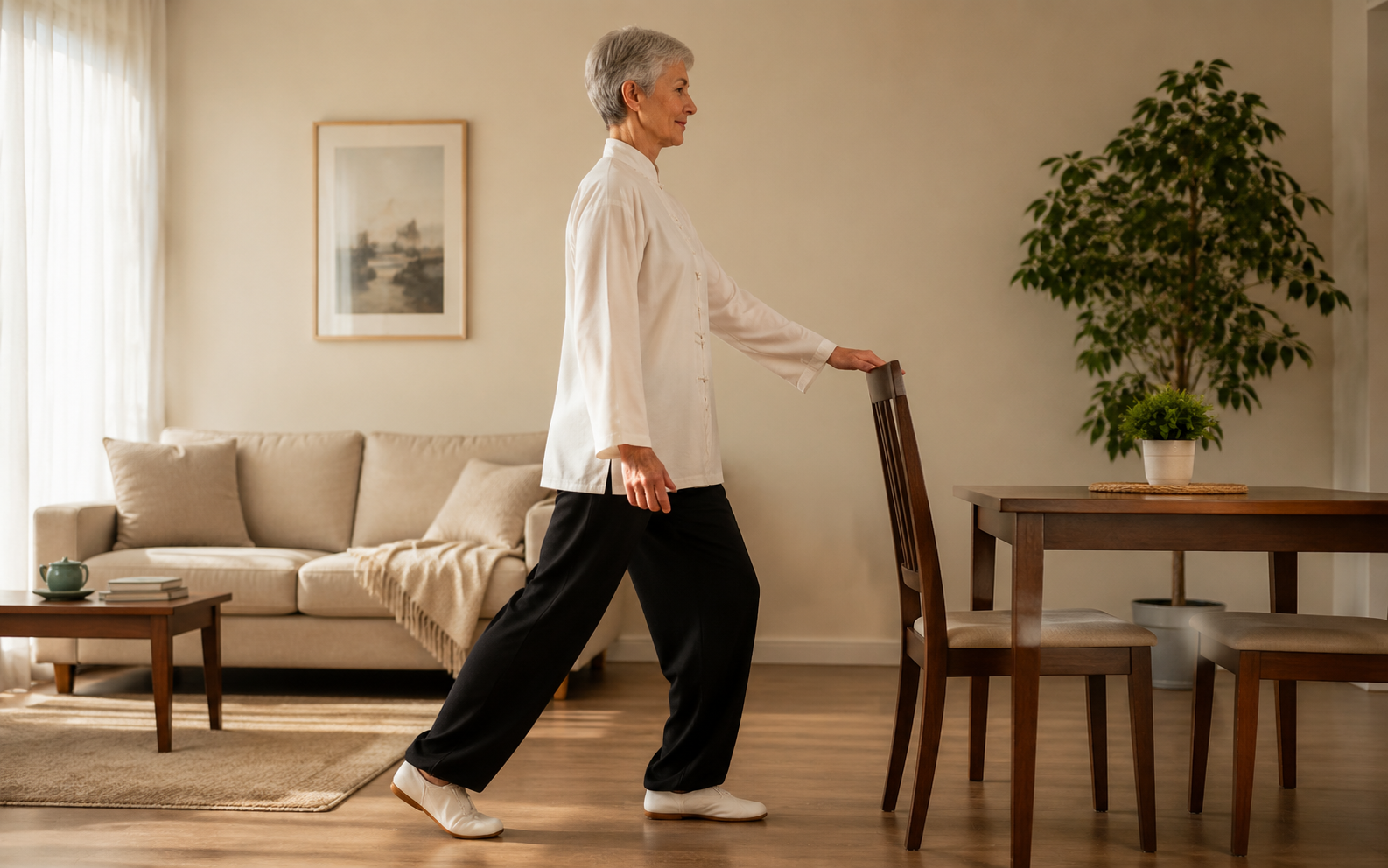 Hold support if needed — tai chi walking step illustration